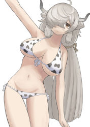 Rule 34 | 1girl, absurdres, ahoge, animal ears, animal print, arm up, bad id, bad pixiv id, bare arms, bare shoulders, bikini, breasts, brown eyes, cow print, front-tie bikini top, front-tie top, grey hair, groin, hair over one eye, highres, horns, huge breasts, kemono friends, leaning to the side, long hair, looking at viewer, low twintails, navel, one eye covered, print bikini, side-tie bikini bottom, simple background, solo, stomach, swimsuit, thigh gap, twintails, very long hair, white background, yak (kemono friends), zuchi00