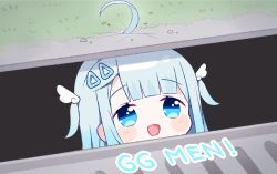 Rule 34 | 1girl, :d, ahoge, amatsuka uto, blue eyes, blue hair, blush, colored tips, deyui, english text, grass, grate, indie virtual youtuber, it (stephen king), light blue hair, multicolored hair, open mouth, outdoors, parody, sewer, sewer grate, smile, storm drain, two side up, virtual youtuber, wing hair ornament