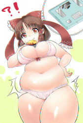 Rule 34 | !?, 1girl, ^^^, belly, birooooon jr, blush, bow, bra, breasts, brown hair, chromatic aberration, cleavage, commentary, eating, fat, fat rolls, food, hair bow, hair tubes, hakurei reimu, hand on own hip, large breasts, looking down, meat day, navel, panties, plump, red eyes, roasted sweet potato, short hair, skindentation, smile, solo, sweat, sweet potato, thick arms, thick thighs, thighs, touhou, underwear, underwear only, wavy mouth, weighing scale, wide hips, roasted sweet potato