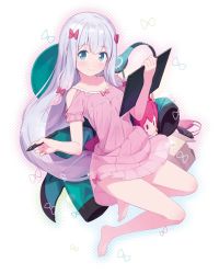 Rule 34 | 1girl, azumi akitake, barefoot, blue eyes, blush, bow, box, cardboard box, circle name, closed mouth, commentary, copyright name, cover, drawing tablet, eromanga sensei, full body, hair bow, headphones, holding, holding drawing tablet, holding pen, izumi sagiri, long hair, looking at viewer, panties, pen, pink bow, silver hair, smile, solo, stylus, underwear, very long hair