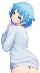 Rule 34 | 1girl, nanashi inc., ahoge, animal ears, blue eyes, blue hair, blue shirt, closed mouth, commentary request, from behind, highres, long sleeves, looking at viewer, nishino eri, shirt, short hair, simple background, smile, solo, souya ichika, thighs, virtual youtuber, white background
