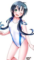 Rule 34 | 1girl, artist name, blue hair, cameltoe, competition swimsuit, cowboy shot, dated, flat chest, green eyes, highres, kantai collection, long hair, looking at viewer, low twintails, one-piece swimsuit, one eye closed, open mouth, ribbon, simple background, solo, suzukaze (kancolle), swimsuit, tsuchimiya, twintails, white background, white one-piece swimsuit