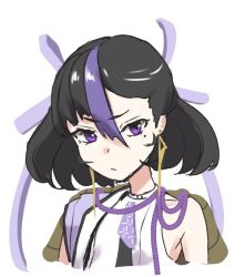 Rule 34 | 1girl, black hair, breasts, earrings, goddess of victory: nikke, hair ribbon, highres, jacket, jewelry, kano hoshi, mole, mole under eye, multicolored hair, necktie, off-shoulder jacket, off shoulder, purple eyes, purple hair, purple jacket, purple necktie, purple ribbon, ribbon, shirt, short hair, short necktie, simple background, sketch, small breasts, solo, streaked hair, syuen (nikke), triangle earrings, white background, white shirt