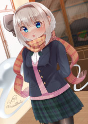 Rule 34 | 1girl, alternate costume, arms behind back, artist name, back, black jacket, black pantyhose, blouse, blue eyes, blush, bow, bowtie, box, breasts, buttons, collared jacket, commentary request, door, floor, ghost, green bow, green bowtie, green skirt, grey hair, grey hairband, hair between eyes, hairband, highres, hitodama, indoors, jacket, konpaku youmu, konpaku youmu (ghost), long sleeves, looking at viewer, medium breasts, open clothes, open jacket, open mouth, orange scarf, pantyhose, pink shirt, plaid, plaid scarf, plaid skirt, pocket, red bow, reflection, rital, scarf, shadow, shirt, short hair, signature, skirt, solo, standing, sunlight, touhou, white shirt