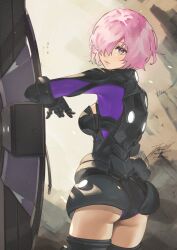 Rule 34 | 1girl, armor, ass, fadingz, fate/grand order, fate (series), from behind, gloves, hair over one eye, highres, looking at viewer, looking back, mash kyrielight, mash kyrielight (ortenaus), open mouth, parted lips, pink hair, pixiv id, purple eyes, revision, short hair, signature