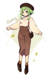 Rule 34 | 1girl, bag, beige sweater, beret, black hat, blush, brown skirt, commentary, full body, green eyes, green hair, gumi, handbag, hat, highres, leaf, looking at viewer, nou (nounknown), orange socks, outstretched arms, plaid, plaid skirt, shoes, short hair with long locks, shoulder bag, sidelocks, skirt, sleeves past wrists, smile, socks, solo, standing, sweater, vocaloid