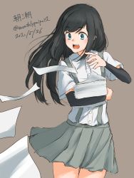 Rule 34 | 1girl, absurdres, arm warmers, asashio (kancolle), black hair, black thighhighs, blue eyes, character name, commentary, cowboy shot, dated, grey background, grey skirt, highres, kantai collection, long hair, open mouth, paper, shirt, short sleeves, simple background, skirt, solo, standing, suspender skirt, suspenders, teeth, thighhighs, twitter username, umibudou, upper teeth only, white shirt