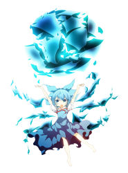 Rule 34 | 1girl, absurdres, arms up, blue eyes, blue hair, bow, hair bow, highres, ice, ice wings, mashiroyu, matching hair/eyes, short hair, solo, touhou, white background, wings