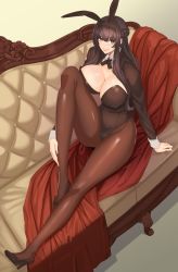 Rule 34 | 1girl, animal ears, bed sheet, braid, breast press, breasts, brown eyes, brown hair, brown pantyhose, cleavage, couch, damegane, detached collar, fake animal ears, hairband, half updo, high heels, highres, huge breasts, knee up, leotard, long hair, long sleeves, looking at viewer, on couch, original, outstretched leg, pantyhose, playboy bunny, rabbit ears, sidelocks, sitting, sleeves rolled up, smile, solo