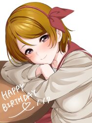 Rule 34 | 1girl, breasts, brown hair, closed mouth, grey jacket, hairband, happy birthday, highres, jacket, koizumi hanayo, long sleeves, looking at viewer, love live!, medium breasts, mei hinamatsu, pleated skirt, purple eyes, red hairband, red sailor collar, red skirt, sailor collar, short hair, sidelocks, skirt, smile, solo, swept bangs, upper body, white background
