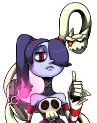 Rule 34 | 1girl, alex ahad (style), bare shoulders, blue hair, blue skin, colored skin, detached collar, detached sleeves, fire, fire, hair over one eye, leviathan (skullgirls), long hair, one eye closed, parody, red eyes, revision, side ponytail, skull, skullgirls, solo, squigly (skullgirls), stitched mouth, stitches, striped, striped sleeves, style parody, thumbs up, transparent, transparent background, wink, zombie, zone (artist)