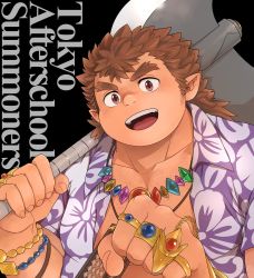 Rule 34 | 1boy, abacus, andvari (housamo), axe, black background, bracelet, brown eyes, brown hair, chest hair, copyright name, dark-skinned male, dark skin, dwarf, english text, forked eyebrows, hairy, hawaiian shirt, highres, hijirino yuuta, holding, holding axe, jewelry, long sideburns, multiple rings, muscular, muscular male, necklace, open clothes, open mouth, open shirt, pointy ears, ring, shirt, short hair, sideburns, smile, thick eyebrows, tokyo houkago summoners