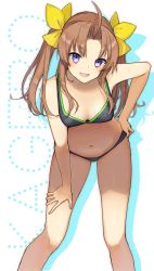 Rule 34 | 1girl, ahoge, bikini, breasts, brown hair, character name, commentary request, downblouse, feet out of frame, grey bikini, hair ribbon, hand on own thigh, highres, kagerou (kancolle), kantai collection, leaning forward, long hair, looking at viewer, navel, purple eyes, ribbon, small breasts, solo, sports bikini, swimsuit, twintails, white background, yamashichi (mtseven), yellow ribbon