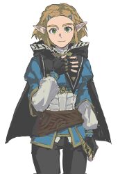 Rule 34 | 1girl, black cape, black gloves, black pants, blonde hair, blue shirt, cape, commentary, fingerless gloves, gloves, green eyes, hair ornament, hairclip, highres, hood, hood down, hooded cape, iuew, light smile, looking at viewer, nintendo, pants, pointy ears, princess zelda, puffy sleeves, shirt, short hair, simple background, solo, standing, the legend of zelda, the legend of zelda: tears of the kingdom, white background