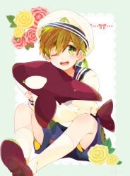 Rule 34 | 10s, 1boy, ;d, bad id, bad pixiv id, blush, brown hair, child, free!, full body, green eyes, hat, highres, male focus, nicole (usako), one eye closed, open mouth, sailor, sailor hat, short hair, smile, solo, tachibana makoto, wink, aged down