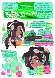 Rule 34 | 1girl, black skin, colored skin, dark skin, english text, ghost, gloves, gomipomi, green eyes, green gloves, highres, long hair, long sleeves, looking at viewer, marina (splatoon), nintendo, octoling, octopus, open mouth, orange overalls, overalls, parted lips, rubber gloves, salmon run (splatoon), shirt, smile, splatoon (series), splatoon 2, squid, standing, symbol-shaped pupils, tentacle hair, white shirt
