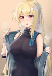 Rule 34 | 1girl, arm tattoo, artist name, black shirt, blonde hair, blush, breasts, commentary, english commentary, feet out of frame, gamryous, girls&#039; frontline, highres, jacket, unworn jacket, jewelry, long hair, looking at viewer, medium breasts, mod3 (girls&#039; frontline), number tattoo, open clothes, open jacket, open mouth, red eyes, ring, russian flag, shirt, simple background, sleeves rolled up, solo, standing, sv-98 (girls&#039; frontline), sv-98 (mod3) (girls&#039; frontline), tattoo, white jacket