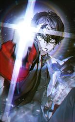 Rule 34 | 1boy, amamiya ren, black coat, black hair, black pants, btmr game, clenched teeth, coat, commentary, cuts, english commentary, firing, gloves, grey eyes, gun, hair between eyes, handgun, holding, holding weapon, injury, looking at viewer, male focus, pants, persona, persona 5, red gloves, simple background, solo, teeth, weapon, wide-eyed