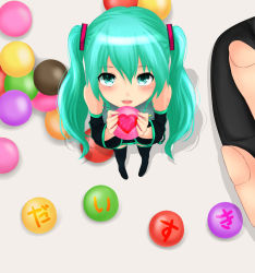 Rule 34 | 1girl, aqua eyes, aqua hair, bare shoulders, blush, detached sleeves, from above, hatsune miku, heart, highres, long hair, looking at viewer, looking up, mini person, minigirl, mouse (computer), necktie, open mouth, pov, skirt, smile, solo focus, terun, twintails, vocaloid