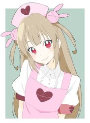 Rule 34 | 1girl, apron, bad id, bad twitter id, blonde hair, blue background, blush, collared dress, donguri suzume, dress, hair ornament, hat, head tilt, heart, highres, looking at viewer, natori sana, nurse cap, pink apron, pink hat, puffy short sleeves, puffy sleeves, rabbit hair ornament, red eyes, sana channel, short sleeves, simple background, smile, solo, two side up, upper body, virtual youtuber, white dress, wing collar
