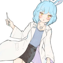 Rule 34 | 1girl, ahoge, animal ear fluff, animal ears, black skirt, blue hair, blue shirt, collarbone, digital thermometer, dutch angle, formal, highres, holding, lab coat, long sleeves, looking at viewer, miniskirt, nyama, open clothes, pencil skirt, shirt, show by rock!!, simple background, skirt, skirt suit, solo, suit, thermometer, tight skirt, uiui (show by rock!!), v-shaped eyebrows, white background, wide sleeves, yellow eyes