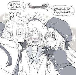 Rule 34 | ..., 3girls, artoria caster (fate), artoria caster (second ascension) (fate), artoria caster (third ascension) (fate), artoria pendragon (fate), blush, collarbone, commentary request, crown, drooling, fate/grand order, fate (series), father and son, gameplay mechanics, girl sandwich, gloves, greyscale, hat, heart, long hair, long sleeves, looking at another, looking at viewer, monochrome, mordred (fate), mordred (fate) (all), mordred (fate/apocrypha), mordred (swimsuit rider) (fate), mordred (swimsuit rider) (second ascension) (fate), mozu (peth), multiple girls, open mouth, ponytail, saliva, sandwiched, sweat, translation request, upper body