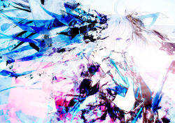 Rule 34 | 1girl, abstract, absurdres, adapted costume, ahoge, amenosoto, aqua hair, arm at side, black skirt, blue eyes, closed mouth, collared shirt, detached sleeves, grey shirt, groin, hatsune miku, highres, huge filesize, limited palette, long hair, looking at viewer, midriff, outstretched arm, pleated skirt, shirt, skirt, smile, solo, sparkling eyes, twintails, upper body, very long hair, vocaloid, wind