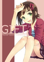 Rule 34 | 1girl, amami haruka, bow, brown hair, cover, cover page, green eyes, hair bow, idolmaster, idolmaster (classic), looking at viewer, short hair, sitting, smile, solo, t-okada