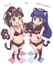 Rule 34 | 2girls, 4040 (abonriya), :&gt;, alternate costume, animal ears, animal hands, asymmetrical legwear, bell, bikini, black bikini, black eyes, black hair, black legwear, blue hair, blunt bangs, blush, bow, cat ears, cat tail, english text, fake animal ears, fake tail, flat chest, frills, from above, fukuyama mai, gloves, hair ornament, hair scrunchie, halloween, highres, hime cut, idolmaster, idolmaster cinderella girls, long hair, looking at viewer, maid headdress, mismatched legwear, multiple girls, navel, neck bell, open mouth, paw gloves, paw print, ponytail, sajo yukimi, scrunchie, sidelocks, simple background, smile, straight hair, swimsuit, tail, thighhighs, white background