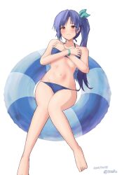 Rule 34 | 1girl, bikini, blue bikini, blue hair, blush, covering breasts, covering privates, dated, idolmaster, idolmaster (classic), idolmaster million live!, innertube, kisaragi chihaya, knees together feet apart, looking at viewer, navel, red eyes, rj edward (artist), side ponytail, simple background, solo, stomach, swim ring, swimsuit, toes, twitter username, white background