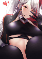 Rule 34 | 1girl, azur lane, breasts, clothing cutout, cropped shirt, earpiece, gloves, half gloves, headgear, heart, jacket, large breasts, looking at viewer, miyuki (9029009), multicolored hair, official alternate costume, open clothes, open jacket, prinz eugen (azur lane), prinz eugen (final lap) (azur lane), race queen, red hair, simple background, solo, streaked hair, two-tone hair, underboob, underboob cutout, v, white background, white hair, yellow eyes
