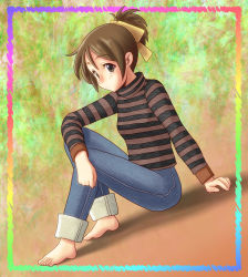 Rule 34 | 1girl, barefoot, brown eyes, brown hair, chunpai, denim, dutch angle, feet, female focus, full body, highres, hirasawa ui, jeans, k-on!, pants, ponytail, short hair, solo, striped clothes, striped sweater, sweater