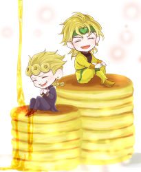 Rule 34 | 2boys, absurdres, aruti, blonde hair, chibi, closed eyes, dio brando, earrings, fangs, father and son, food, giorno giovanna, headband, highres, jewelry, jojo no kimyou na bouken, laughing, mini person, miniboy, multiple boys, pancake, pancake stack, pointy footwear, shoes, sitting, syrup, vento aureo