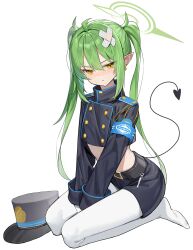 Rule 34 | 1girl, absurdres, armband, bandages, black hat, black shorts, black tail, blue archive, blue armband, buttons, demon tail, double-breasted, fang, full body, green hair, green halo, halo, hat, nozomi (blue archive), highres, pantyhose, peaked cap, shako cap, shorts, simple background, skin fang, solo, sugar (dndi888), tail, tail blush, whistle, white background, white pantyhose