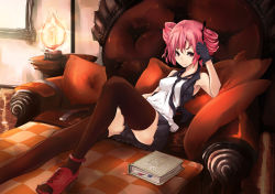 Rule 34 | 1girl, armchair, bare shoulders, black gloves, black thighhighs, book, chair, cushion, drill hair, gloves, head rest, high heels, kasane teto, lamp, mille (dieci), mirre, necktie, pleated skirt, reclining, red eyes, red footwear, red hair, red upholstery, shoes, skirt, solo, thighhighs, twin drills, twintails, utau, vest, vocaloid, zettai ryouiki