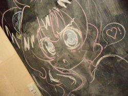Rule 34 | 1girl, blue eyes, chalkboard, female focus, graphite (medium), heart, partially colored, photo (medium), pink hair, pinkie pie, solo, traditional media