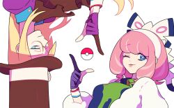 Rule 34 | 1boy, 1girl, ascot, avery (pokemon), blonde hair, bright pupils, brown ascot, brown headwear, closed mouth, coat, collared shirt, commentary, creatures (company), dynamax band, eyelashes, fur coat, game freak, glasses, gloves, green eyes, green shirt, hat, index finger raised, jacket, klara (pokemon), long hair, nintendo, one eye closed, parted lips, partially fingerless gloves, pink hair, poke ball, poke ball (basic), pokemon, pokemon swsh, rotational symmetry, shirt, simple background, smile, ssalbulre, top hat, white background, white jacket, white pupils