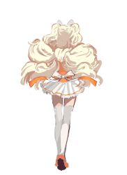 Rule 34 | 1girl, agoh3, alternate hairstyle, back bow, blonde hair, bow, bow-shaped hair, cat, commentary, facing away, floating clothes, from behind, full body, heel up, highres, long hair, miniskirt, orange footwear, orange shirt, pleated skirt, seeu, shirt, shoe soles, shoes, simple background, skirt, solo, standing, symbol-only commentary, thighhighs, two-sided fabric, two side up, very long hair, vocaloid, white background, white bow, white hair, white skirt, white thighhighs, zettai ryouiki