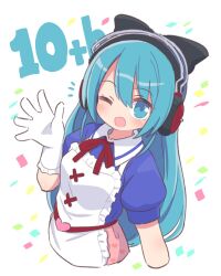 Rule 34 | 1girl, ;d, anniversary, apron, ayasaki yuu (band brothers), black bow, blue eyes, blue hair, blue shirt, blush, bow, collared shirt, commentary request, confetti, daigasso! band brothers, frilled apron, frills, gloves, hair between eyes, hair bow, headphones, heart, highres, long hair, looking at viewer, naga u, one eye closed, open mouth, pink skirt, puffy short sleeves, puffy sleeves, shirt, short sleeves, simple background, skirt, smile, solo, very long hair, white apron, white background, white gloves