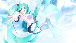 Rule 34 | 1girl, :d, absurdly long hair, absurdres, black skirt, blouse, blue eyes, blue hair, breasts, detached sleeves, floating hair, grey sleeves, grey thighhighs, hair between eyes, hatsune miku, hatsune miku (nt), headphones, highres, long hair, long sleeves, medium breasts, miniskirt, open mouth, outstretched arm, pleated skirt, see-through, see-through sleeves, shirt, skirt, sleeveless, sleeveless shirt, smile, solo, taisa piyo, thighhighs, twintails, very long hair, vocaloid, white shirt, zettai ryouiki