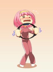 Rule 34 | &gt; &lt;, 1girl, atelier-moo, blush, breasts, chibi, chibi only, closed eyes, closed mouth, full body, hairband, holding, holding paddle, jersey, long sleeves, machida nodoka, machidake, narrow waist, open mouth, paddle, pigeon-toed, pink hair, ring-con, short hair, small breasts, solo, standing, sweatdrop, thighs, tracen training uniform, wavy mouth