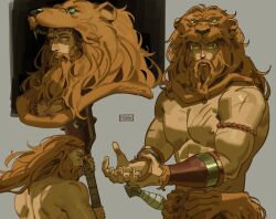 Rule 34 | 1boy, absurdres, beard, connected beard, cross scar, facial hair, full beard, hades (series), hades 2, heracles (hades), highres, holding, holding weapon, lion, lion hood, lion paw, long beard, long hair, looking at viewer, maik check, male focus, mature male, multiple views, muscular, muscular male, mustache, nipples, orange hair, pectorals, scar, thick beard, thick mustache, topless male, weapon, yellow eyes