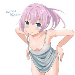 Rule 34 | 1girl, ame-san, blue eyes, breasts, cleavage, commentary request, cowboy shot, dated, downblouse, kantai collection, leaning forward, looking at viewer, one-hour drawing challenge, panties, panty pull, pink hair, ponytail, shiranui (kancolle), short hair, shorts, shorts under skirt, small breasts, solo, tank top, twitter username, underwear, white tank top