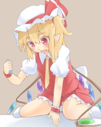 Rule 34 | 1girl, blonde hair, crayon, flandre scarlet, hat, looking down, no shoes, open mouth, red eyes, sakurea, short hair, side ponytail, sitting, smile, solo, touhou, wariza, wings