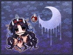 Rule 34 | 1other, androgynous, black hair, blue fire, burabura, candle on head, chibi, collaboration, collaboration request, commentary request, crescent, fangs, fire, ghost tail, gin no ha, hair ornament, hairband, hairclip, headband, highres, horns, japanese clothes, kimono, len&#039;en, long hair, long sleeves, mouth hold, no nose, obi, object on head, other focus, parted bangs, red eyes, red hairband, red headband, red ribbon, ribbon, sash, skin fangs, taira no chouki, tassel, wavy hair, white horns, white sash, wide sleeves, yellow kimono