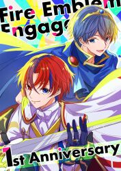 Rule 34 | 2boys, alear (fire emblem), alear (male) (fire emblem), blue cape, blue eyes, blue hair, cape, closed mouth, crossed bangs, fire emblem, fire emblem: mystery of the emblem, fire emblem engage, gloves, hair between eyes, highres, holding, holding sword, holding weapon, looking at viewer, male focus, marth (fire emblem), multiple boys, nintendo, open mouth, red eyes, red hair, short hair, smile, sword, tiara, weapon, white cape, yutohiroya