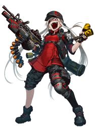 Rule 34 | 1girl, ammunition, ammunition belt, anti-materiel cartridge, armor, asymmetrical legwear, automatic grenade launcher, belt-fed, beta c-mag, black footwear, black hat, black sclera, black shorts, boots, breasts, camouflage, camouflage shorts, colored sclera, dairoku ryouhei, double-drum magazine, drum magazine, explosive, fingerless gloves, full body, gloves, grenade, grenade cartridge, grenade launcher, gun, hand grenade, hat, heterochromia, hetza (hellshock), high-capacity magazine, holding, holding weapon, horizontal forward grip, knee pads, large-caliber cartridge, long hair, machine gun, magazine (weapon), mismatched sclera, multi-weapon, open mouth, red eyes, red gloves, red shirt, rocket launcher, shirt, shorts, shoulder armor, sidelocks, sleeves rolled up, small breasts, smile, solo, standing, stick grenade, teeth, transparent background, twintails, underbarrel grenade launcher, very long hair, weapon, white hair