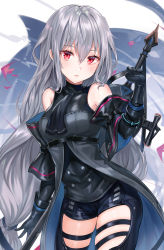 Rule 34 | 1girl, absurdres, arknights, bad id, bad pixiv id, bare shoulders, black gloves, black neckwear, black pants, black shirt, breasts, cape, clothing cutout, commentary request, contrapposto, cowboy shot, detached sleeves, gloves, grey hair, hair between eyes, hand up, highres, long hair, long sleeves, looking at viewer, medium breasts, pants, parted lips, red eyes, shirt, sidelocks, skadi (arknights), skadi (elite ii) (arknights), solo, sword, thigh cutout, tokkyu, very long hair, weapon, weapon on back