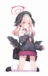 Rule 34 | 1girl, absurdres, bag, bare shoulders, black bag, black choker, black footwear, black hat, black shirt, black wings, blue archive, blush, choker, closed mouth, collarbone, commentary, eyelashes, feathered wings, full body, halo, hat, head wings, highres, kneeling, koharu (blue archive), long hair, long sleeves, looking at viewer, loose socks, low wings, miniskirt, neckerchief, nose blush, off shoulder, pink eyes, pink hair, pink neckerchief, pleated skirt, puffy long sleeves, puffy sleeves, red skirt, sailor collar, school bag, school uniform, shirt, shoes, shoulder bag, sidelocks, simple background, single bare shoulder, skirt, sleeves past wrists, socks, solo, twintails, white background, white sailor collar, white socks, winged hat, wings, xy wang