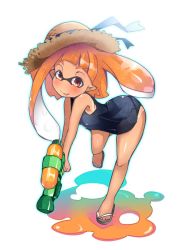 Rule 34 | 1girl, :d, blush, fang, hat, highres, holding, inkling, inkling girl, inkling player character, leaning forward, matching hair/eyes, monster girl, nintendo, no nose, one-piece swimsuit, open mouth, orange eyes, orange hair, pointy ears, running, school swimsuit, simple background, smile, solo, splatoon (series), splatoon 1, splattershot (splatoon), straw hat, sun hat, swimsuit, tentacle hair, zamudelin